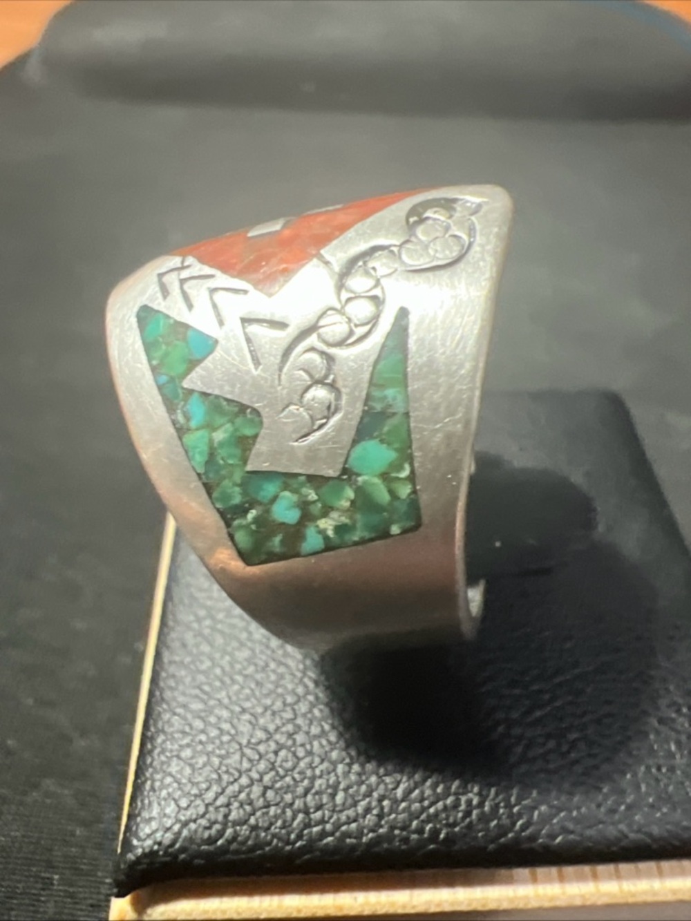 Vintage Navajo .925 Silver Turquoise & Coral Chip Inlay Ring Signed Size 9.75 - Picture 3 of 7